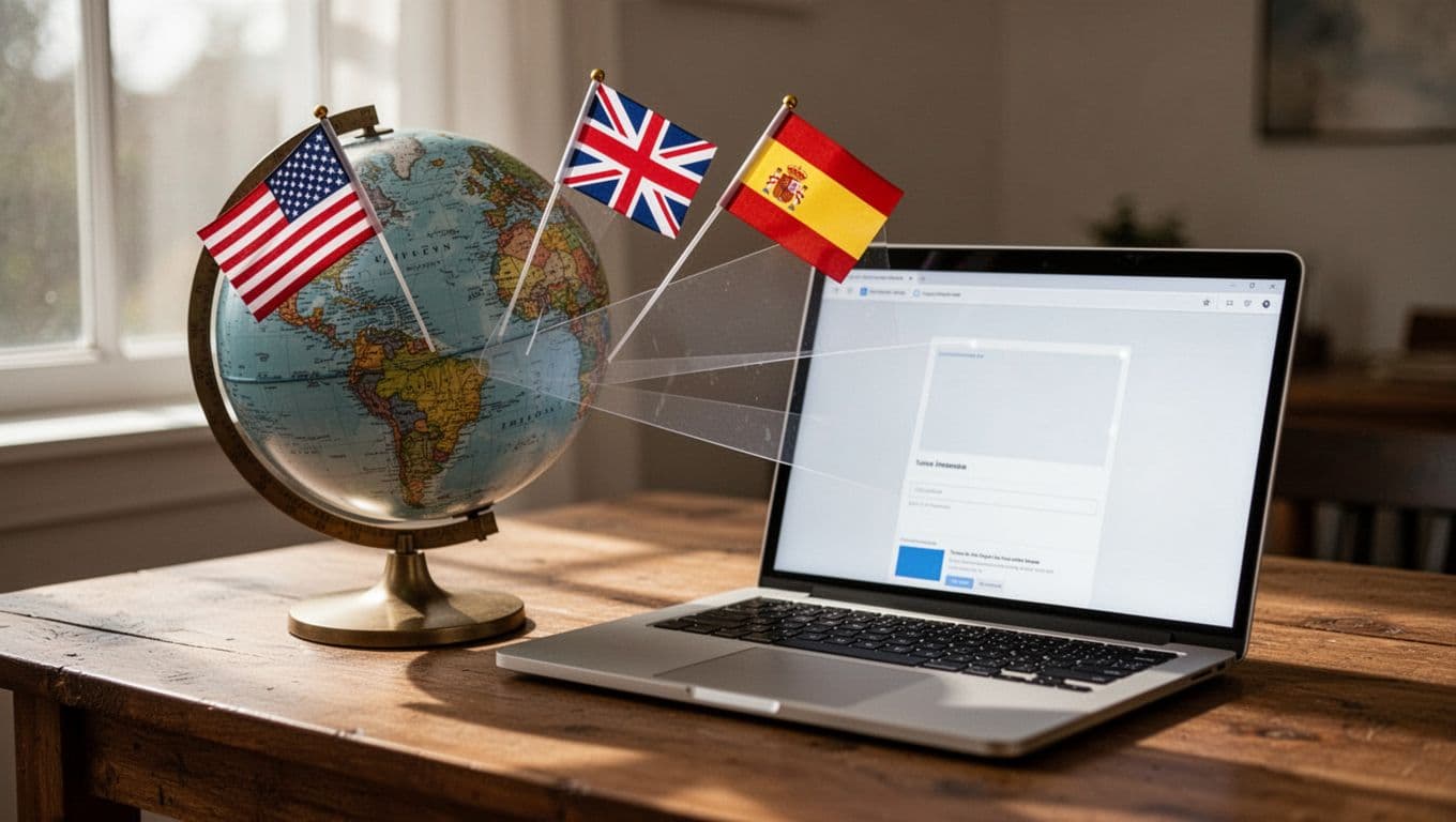 A world globe on a wooden desk beside a laptop showing a webpage, with US, UK, and Spain flags pinned to the globe connected by lines to the screen, in a cinematic office with dramatic lighting.