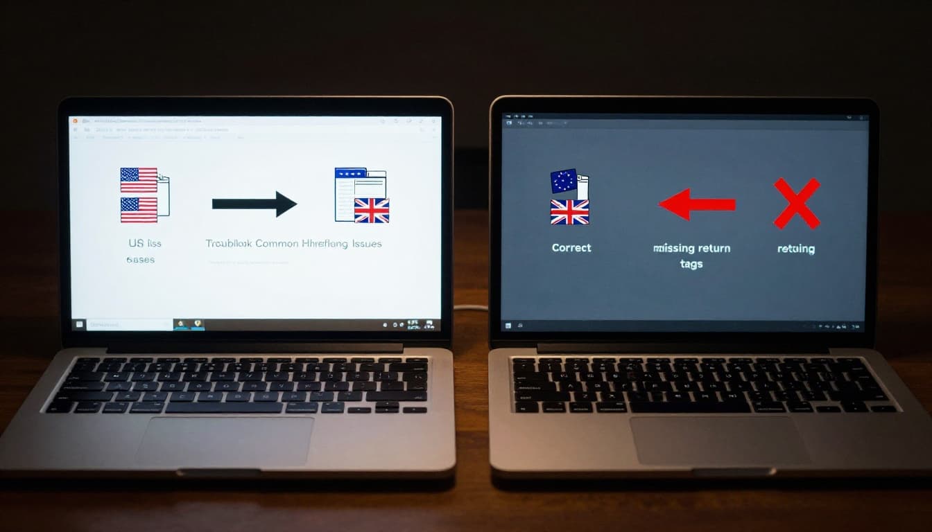 Desk scene with two laptops side by side: left shows bidirectional arrows between US and UK thumbnails for correct reciprocal hreflang, right displays one-way arrow with red X for missing return tags. Cinematic style with dim lighting, strong contrast, and blurred screens.