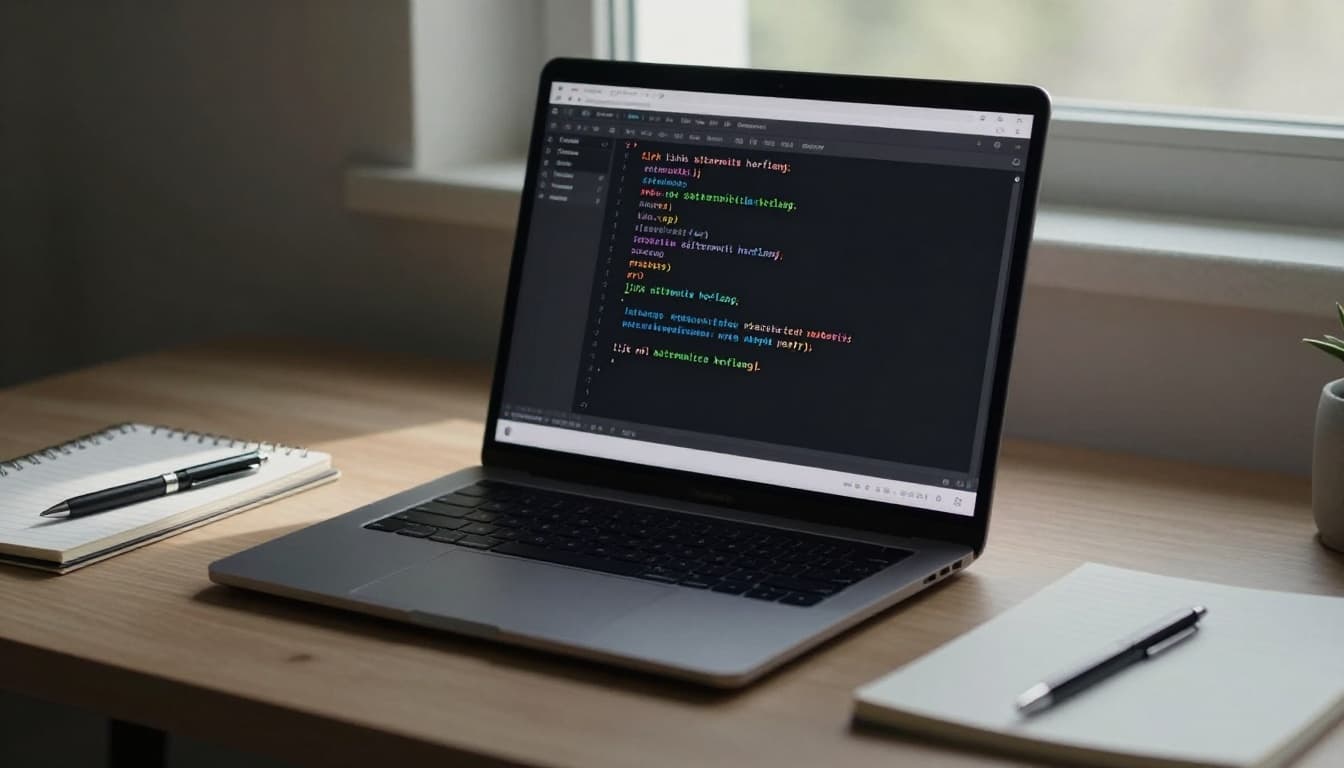 Modern laptop on a desk shows web browser with HTML source code open in developer tools, highlighting link rel alternate hreflang tags; cozy office with notepad, pen, and window light in cinematic style.