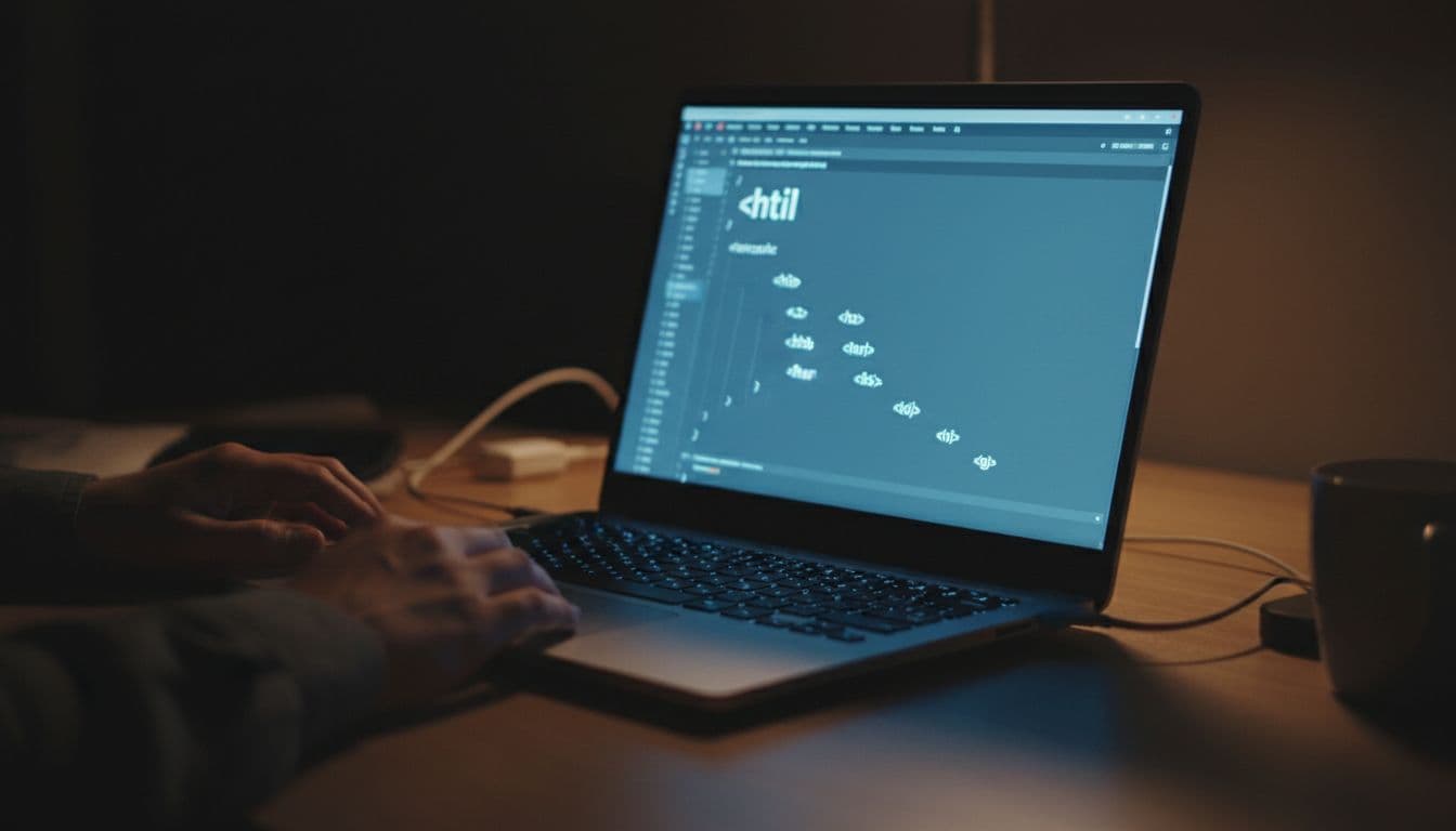 Close-up of a laptop screen displaying blurred HTML code demonstrating proper heading tags hierarchy, in a dim room with dramatic screen glow lighting, hands resting nearby.