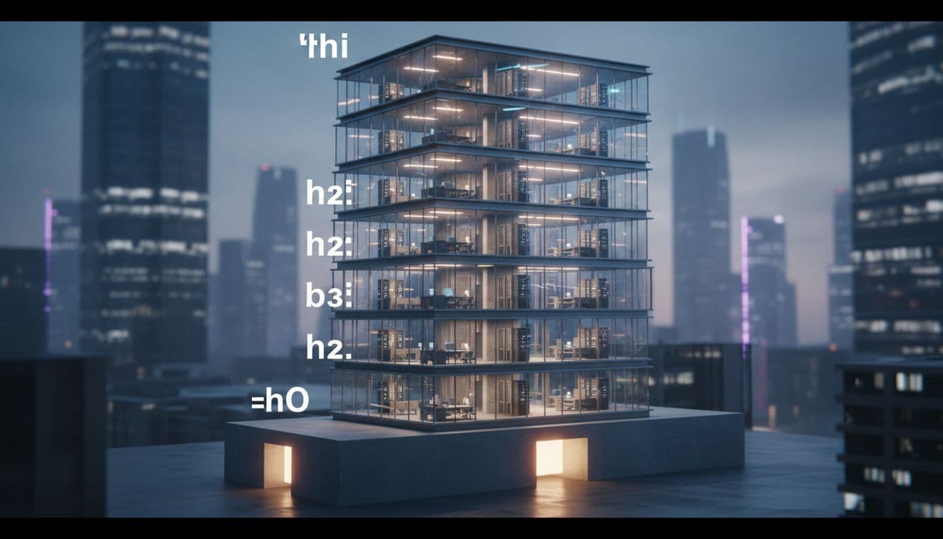 A structured webpage outline visualized as a building, with H1 as the foundation, H2 as floors, and H3 as rooms, against a modern office background in wide landscape composition with cinematic style, strong contrast, depth, and dramatic lighting.