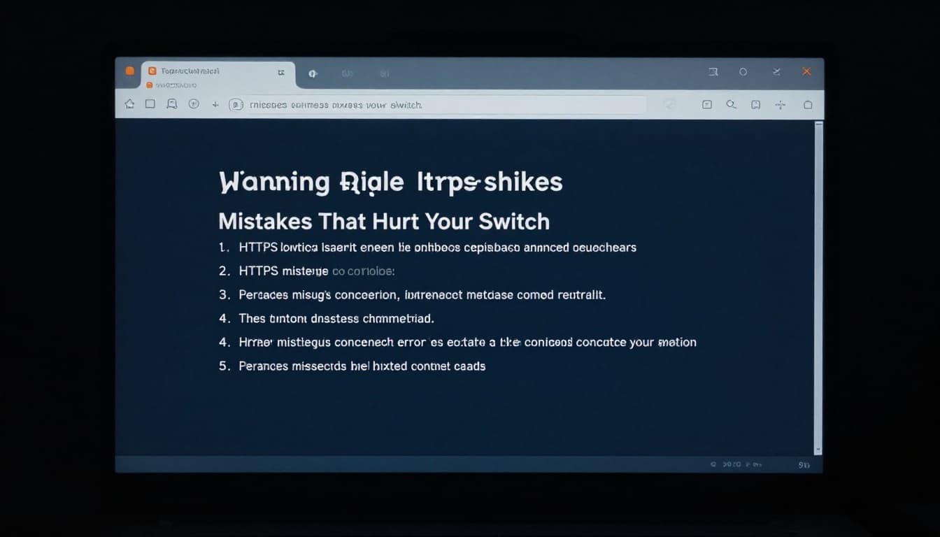Cinematic browser window in a dark room displaying symbolic warnings for HTTPS mistakes like mixed content errors, with strong contrast, depth, and dramatic cool blue shadowy lighting.