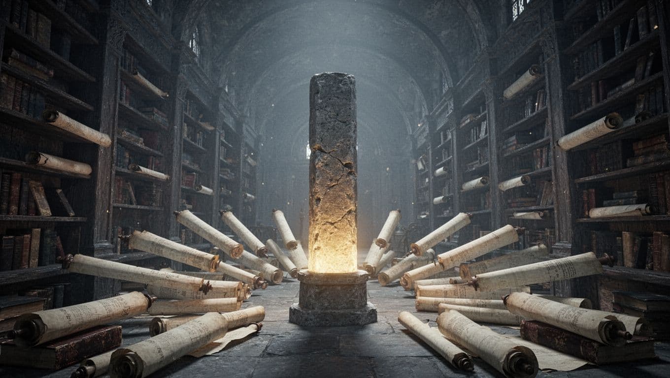 A glowing stone pillar represents a central hub page in a vast library, surrounded by radiating spokes of connected books and articles, cinematic style with dramatic lighting and muted blue-gray tones.