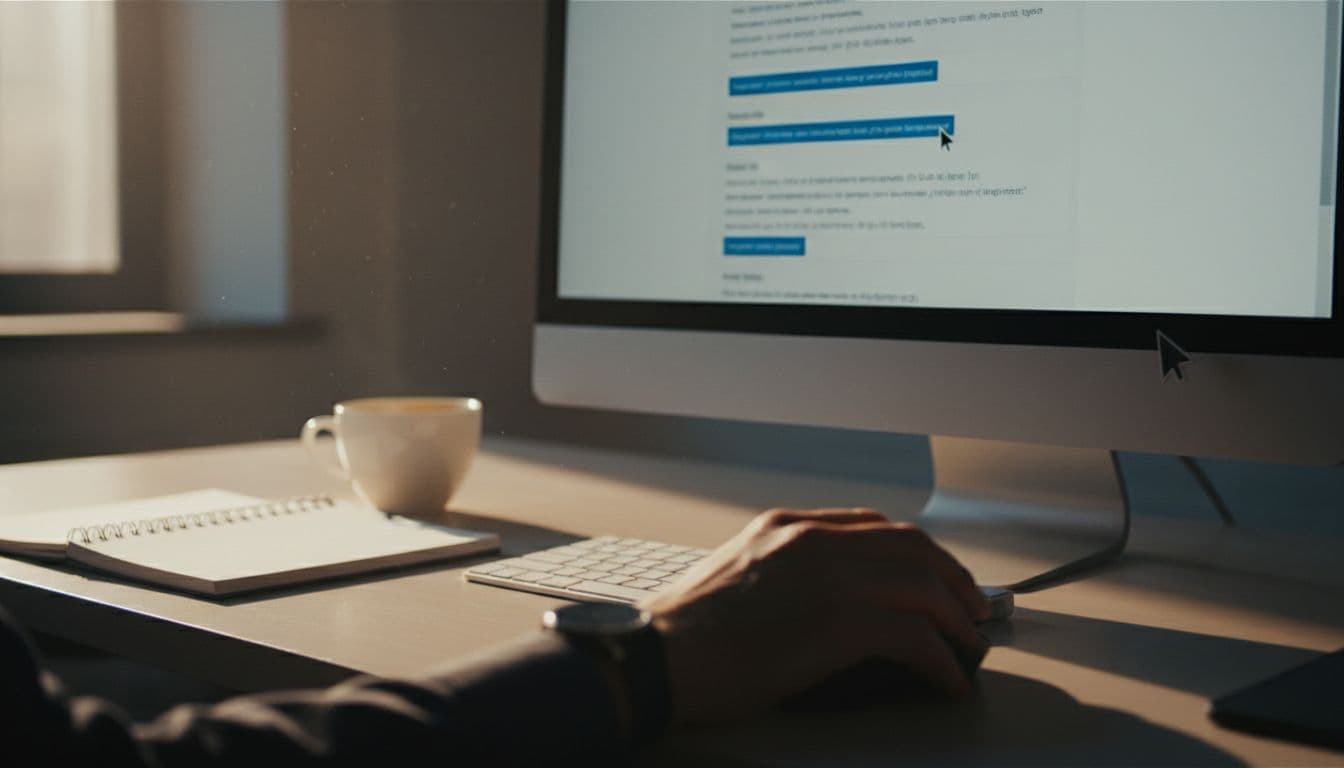 Close-up view of a computer screen showing a webpage with blue highlighted hyperlinks and a cursor hovering over one link, set on a modern office desk with notebook, coffee mug, and one hand on the mouse under dramatic lighting.