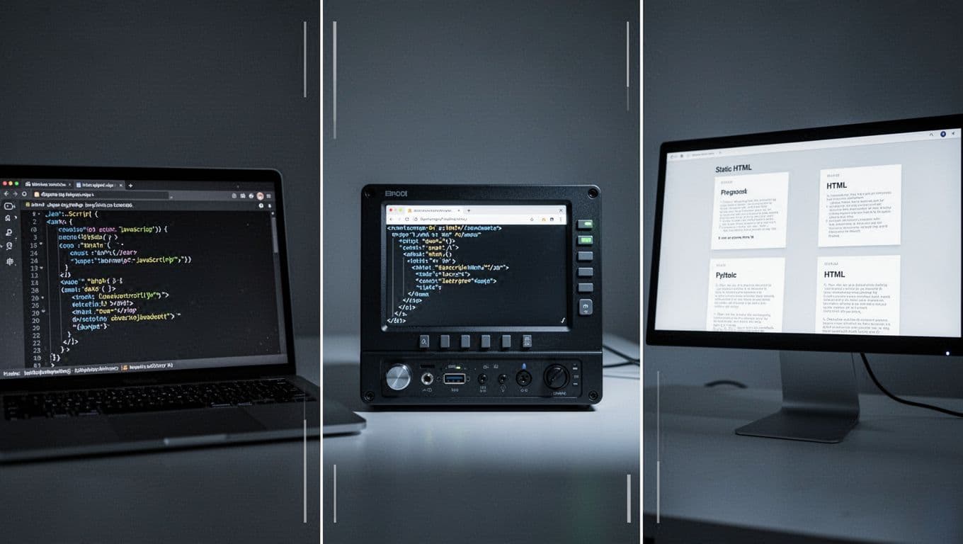 Split-scene illustration showing client-side rendering on a laptop in a dark room, server-side rendering with server sending HTML to browser, and static site generation with pre-built HTML files. Cinematic style with strong contrast, dramatic lighting, neutral blue-gray tones, thin line accents, one device per panel, no people or text.