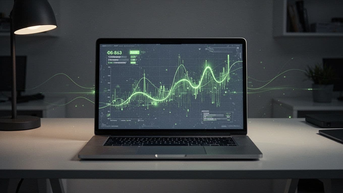 A laptop screen displays a speed test dashboard with loading graphs and performance metrics in a dimly lit workspace, featuring green checkmarks for fast metrics and cinematic dramatic lighting in neutral blue-gray tones.