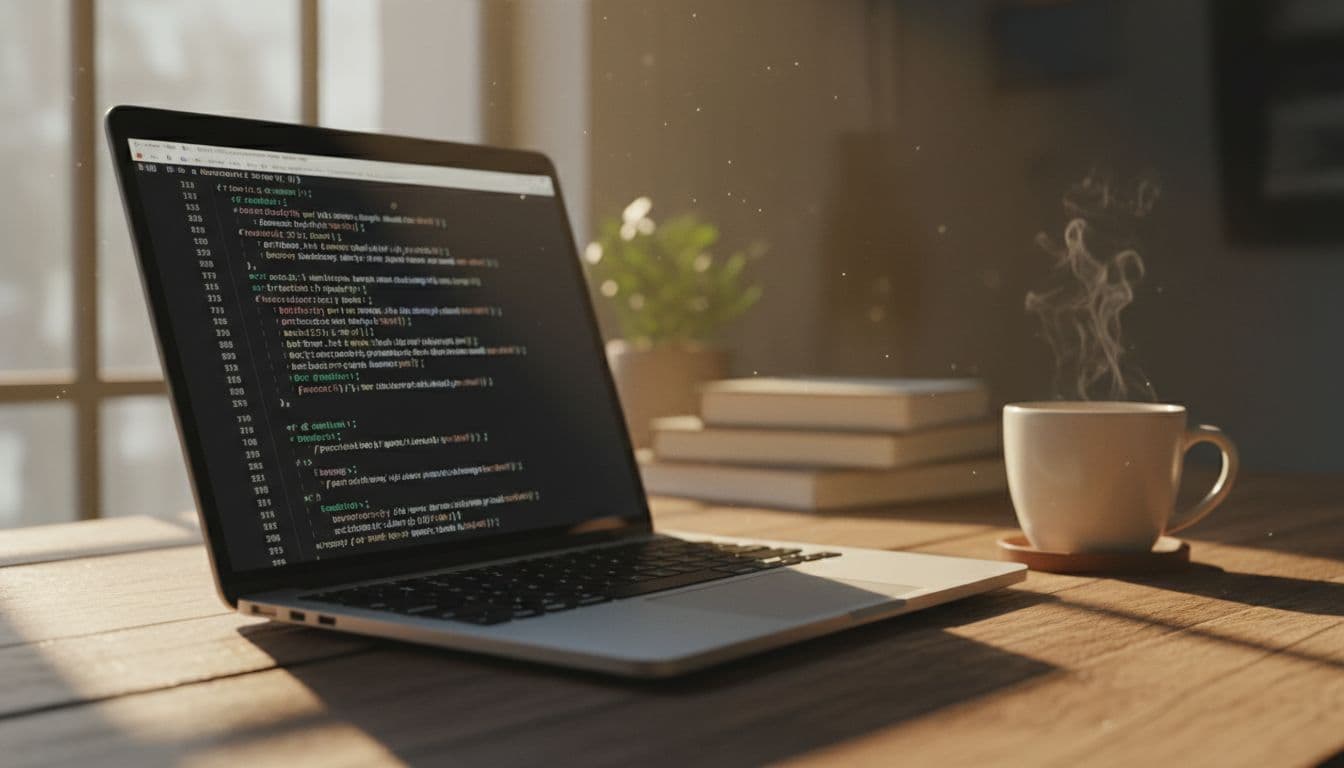 Laptop screen displaying clean JSON-LD code snippet for Article schema markup on a wooden desk in a cozy office with coffee mug nearby. Cinematic style with strong contrast, depth, and dramatic lighting.