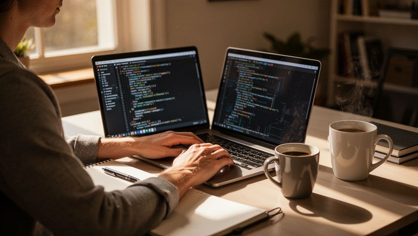 A single person at a clean home office desk with laptop open to JSON-LD code editor, notebook, pen, and coffee mug, hands on keyboard, warm side lighting, cinematic style.