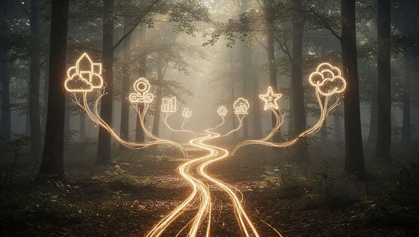 Conceptual scene of multiple website page icons as diverging paths in a misty forest merging into a single bright trail, with volumetric fog and sunlight rays, cinematic style.