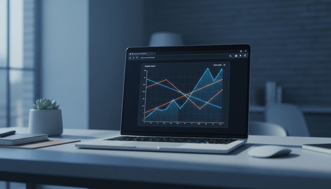 Two overlapping website pages visualized as graphs crossing paths on a laptop screen in a modern office desk with soft window lighting, cinematic style.