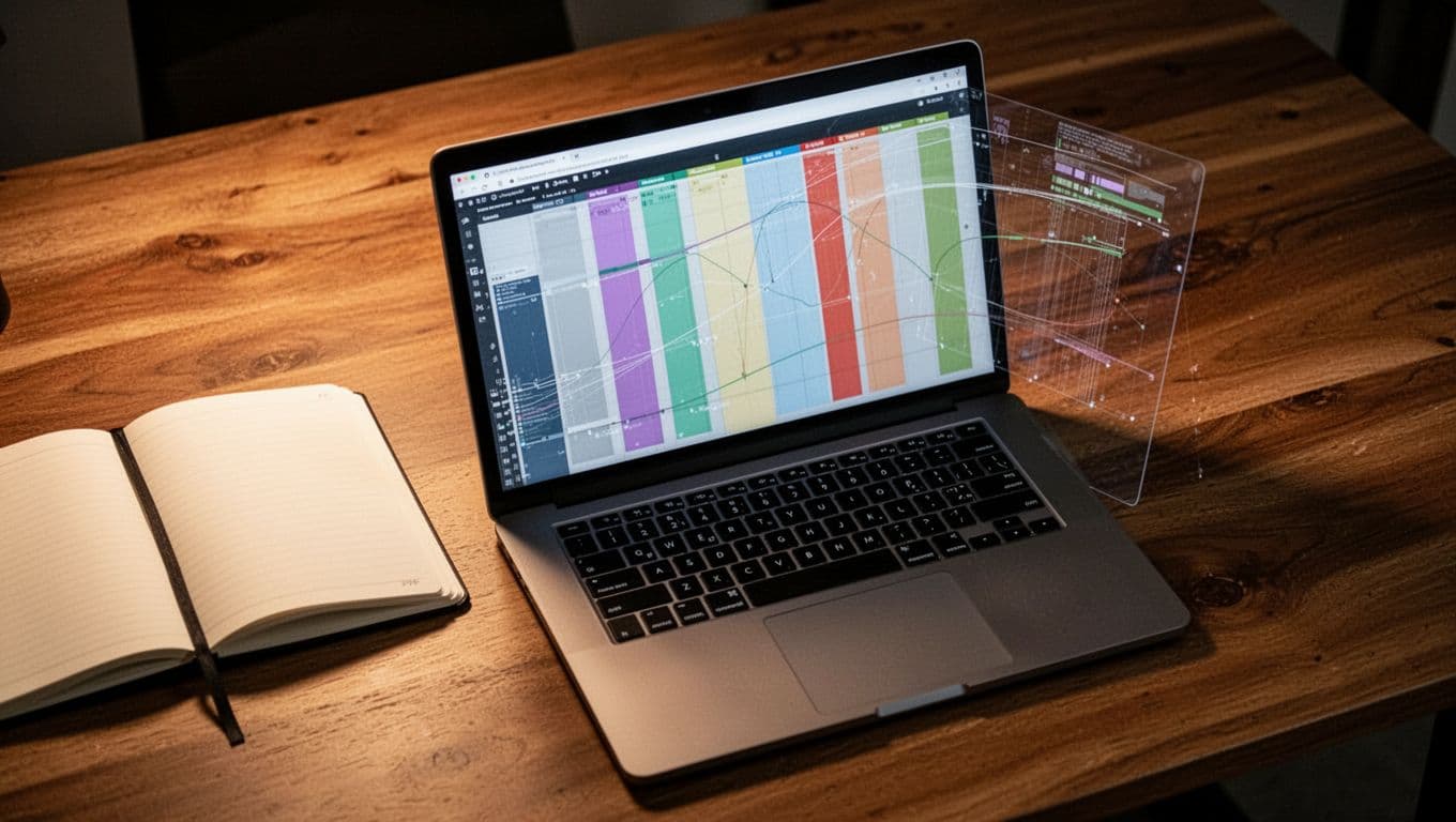Top-down view of a laptop screen showing a blurred keyword mapping spreadsheet with columns for primary keyword, page URL, intent, and secondary keywords, on a wooden desk with an open notebook nearby, cinematic style with dramatic lighting and strong contrast.