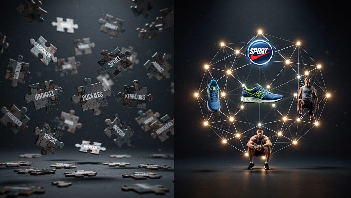 Split landscape image contrasting keyword SEO on the left as scattered puzzle pieces with disconnected phrases like 'best shoes' and 'buy shoes', versus entity SEO on the right as a connected glowing node network linking entities such as 'Nike' brand, 'running shoes' product, and athlete, in cinematic style with dramatic lighting and strong contrast.