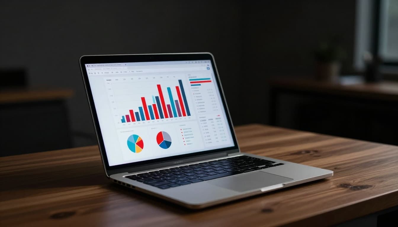 Open laptop on wooden desk in dimly lit office shows abstract colorful SEO charts with red indicators.