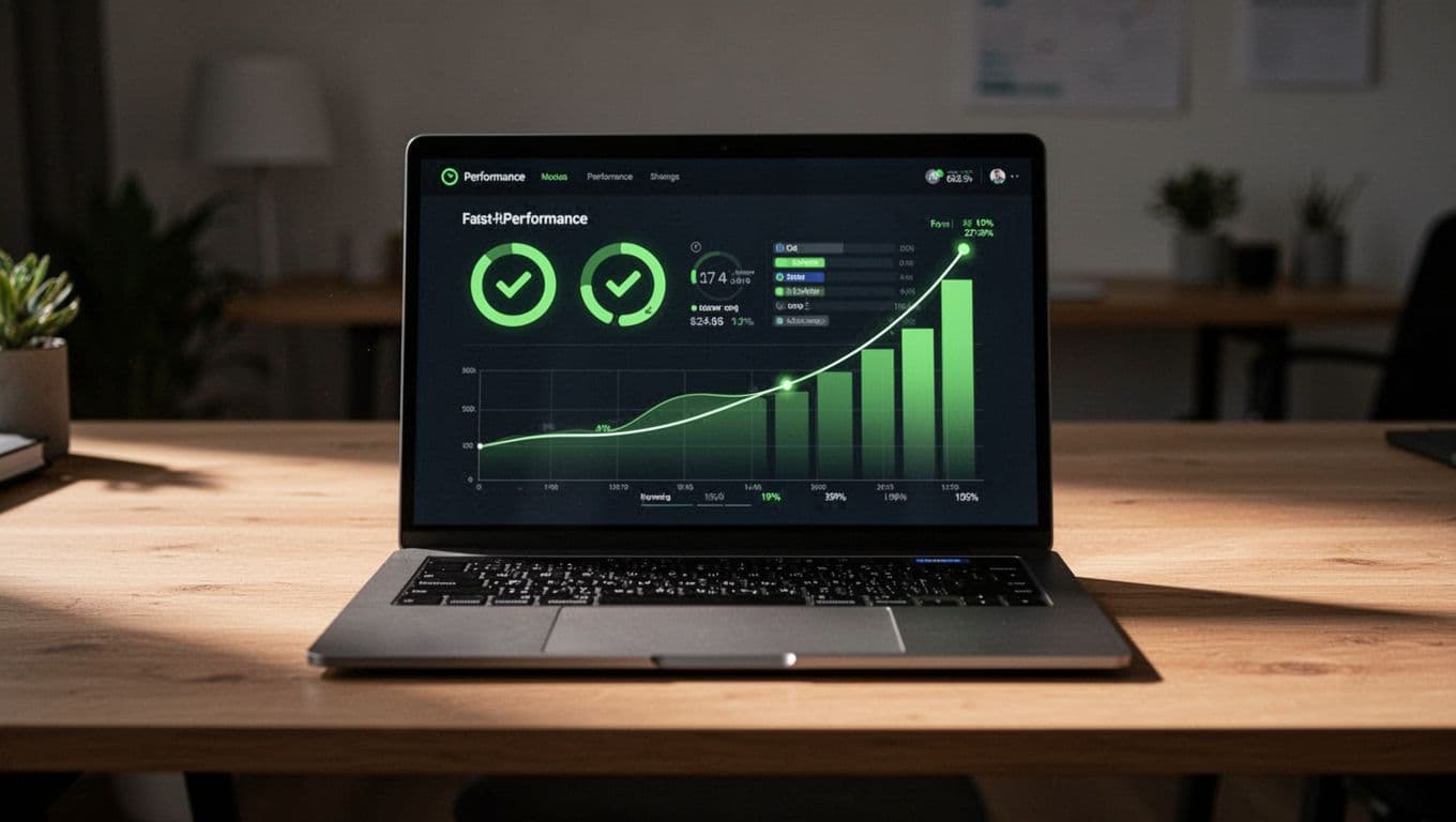 Laptop screen displays web performance tool with green Core Web Vitals success indicators, rising speed graphs, and fast-loading timeline.