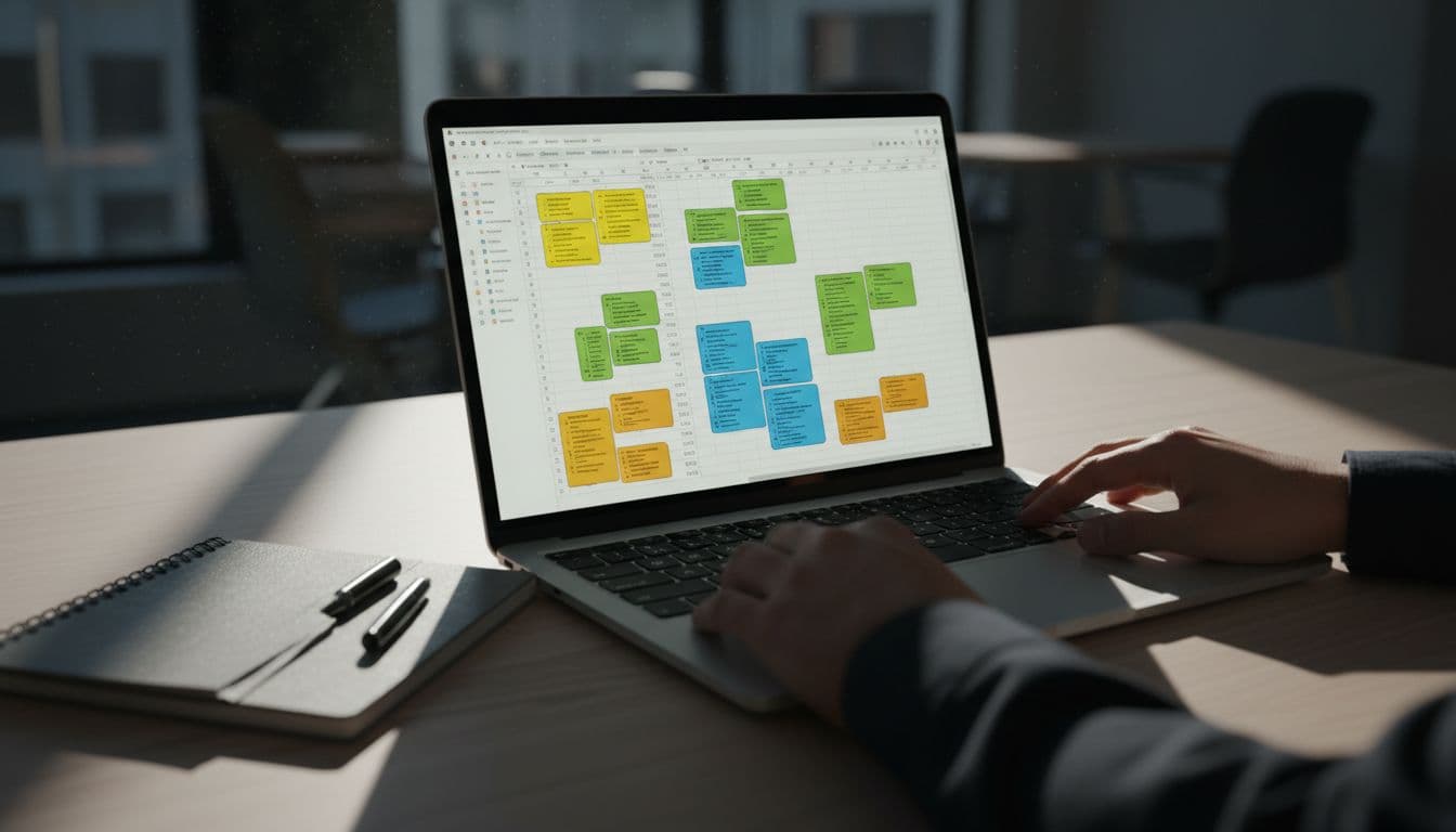 Close-up of a laptop screen showing a spreadsheet with SEO keyword lists grouped into colorful clusters on a modern office desk with notebook and pen. Cinematic style with dramatic side lighting and high contrast, emphasizing the manual clustering process.