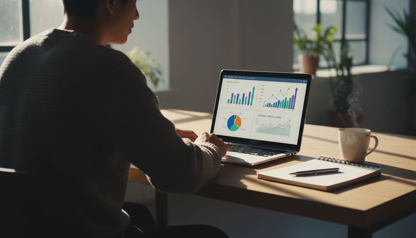 Marketer at wooden desk with laptop showing GA4 charts on organic traffic leads, notepad, steaming coffee, window-lit office.