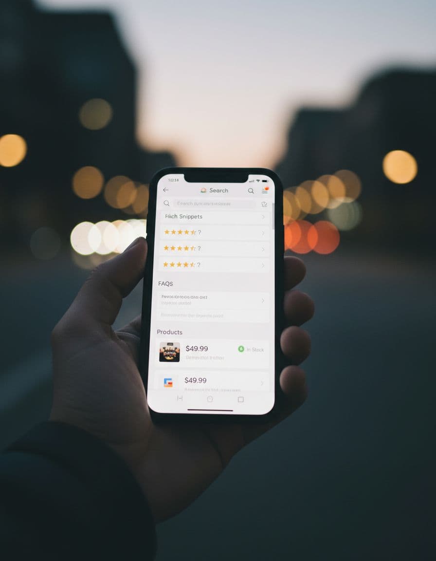 Search results page on a mobile phone held in hand, featuring rich snippets like star ratings, FAQ accordion, and product prices from schema markup, with cinematic lighting and blurred background.
