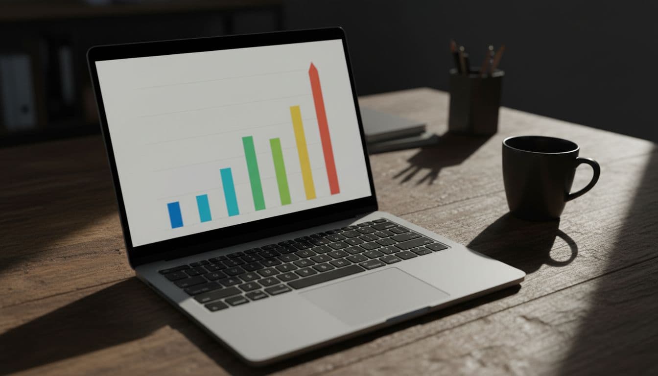 A modern laptop sits open on a wooden office desk, displaying a blurred colorful bar chart of upward trending data under dramatic cinematic overhead lighting. A single coffee mug nearby casts deep shadows, with sharp focus on the keyboard and trackpad.