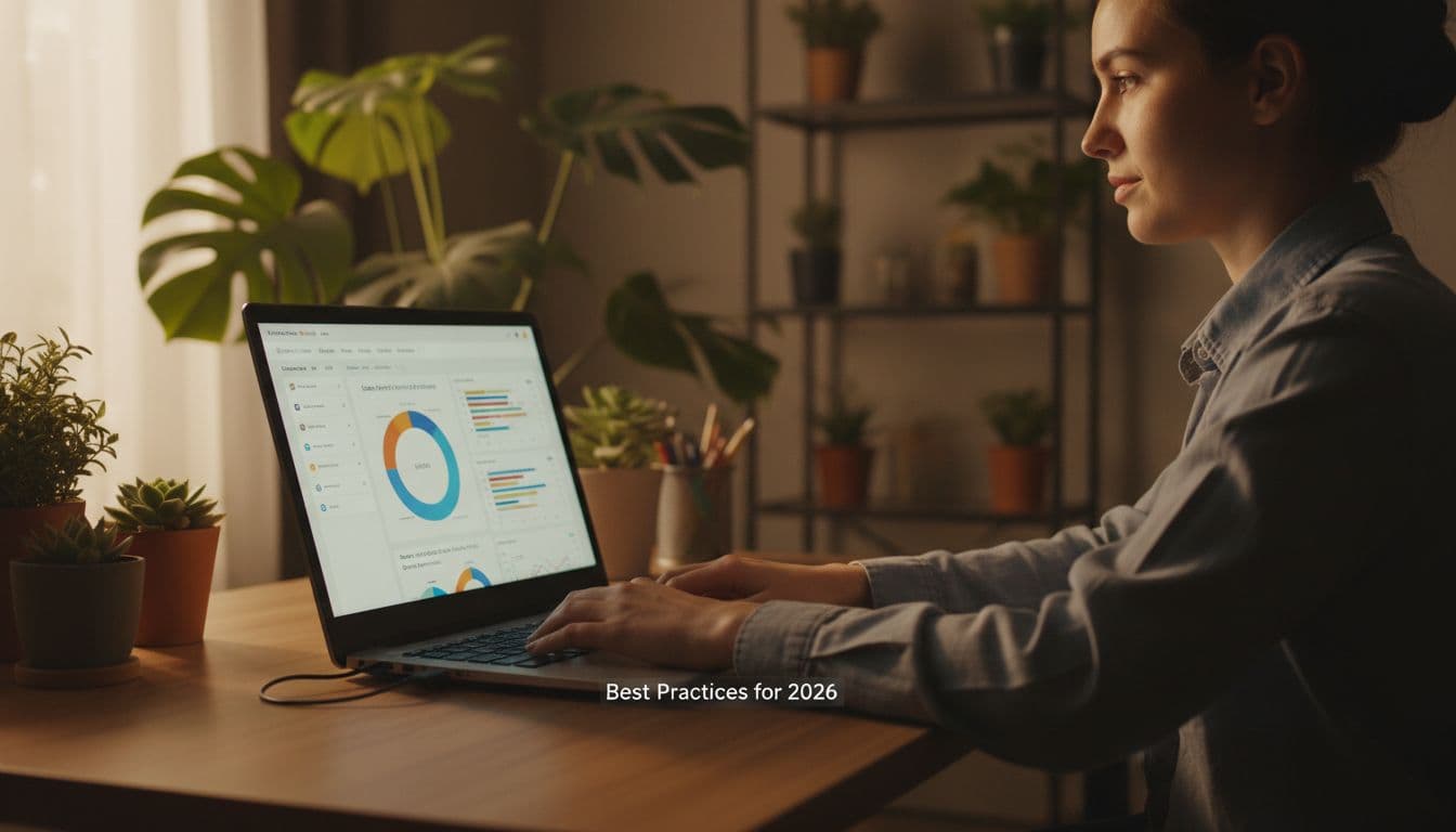 A person in a relaxed pose reviews an analytics dashboard on a laptop showing link profiles and anchor text distribution chart in a home office with plants. Cinematic style with strong contrast, depth, and dramatic lighting.