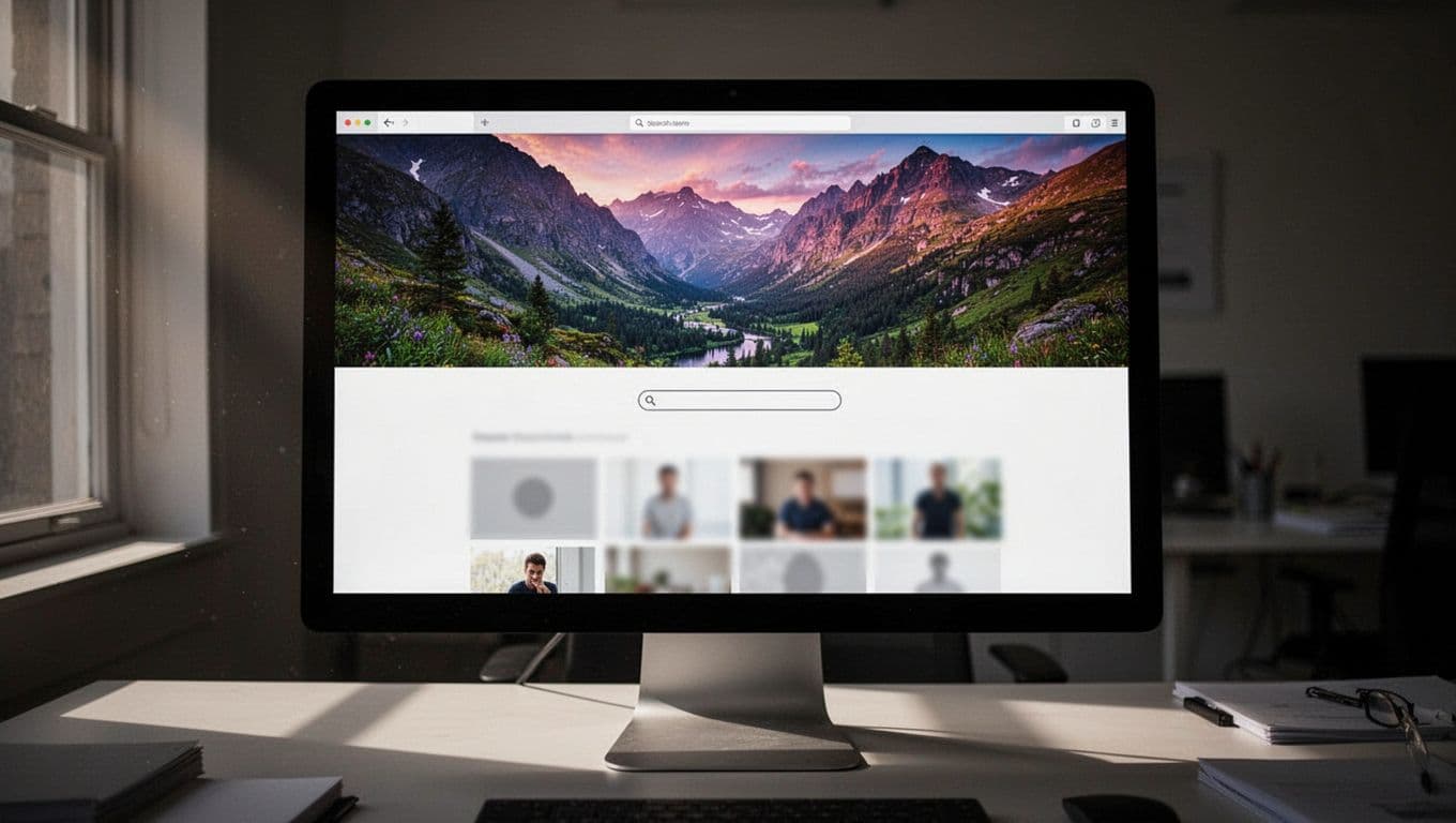 Dim office monitor shows webpage with sharp hero image at top and blurred thumbnail placeholders below, halfway scrolled.