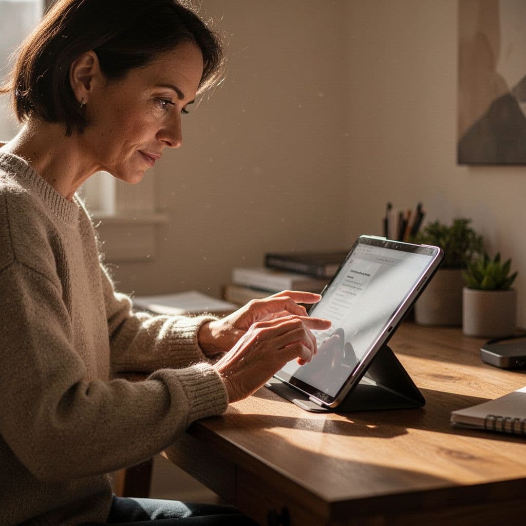 A single person in a cozy workspace reviews a mobile usability report on a tablet, highlighting common SEO errors like slow load times. Cinematic style with warm lighting, strong contrast, depth, and dramatic lighting.