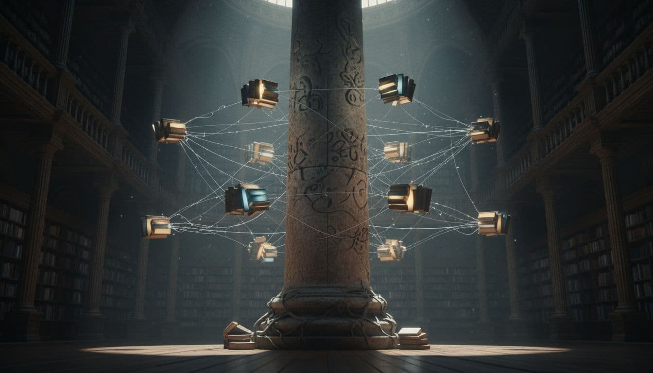A tall sturdy pillar page column in a library, surrounded by smaller book clusters orbiting like satellites, connected by glowing threads representing links.