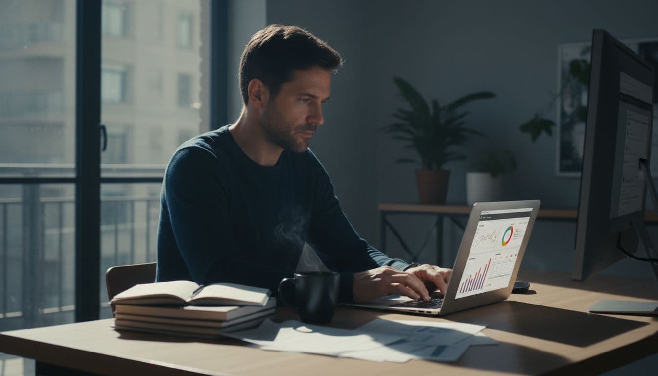 A focused professional at a modern desk reviews website analytics on a laptop screen, surrounded by notes and a coffee mug in a well-lit home office. Cinematic style with strong contrast, depth, and dramatic window lighting; exactly one person with hands naturally on keyboard.