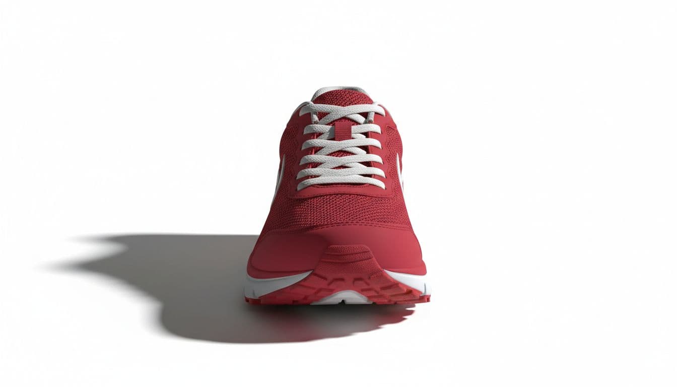 Close-up of a single red athletic running shoe on a plain white studio background with dramatic cinematic side lighting casting strong shadows and highlights for high contrast and depth, centered on treads and laces.