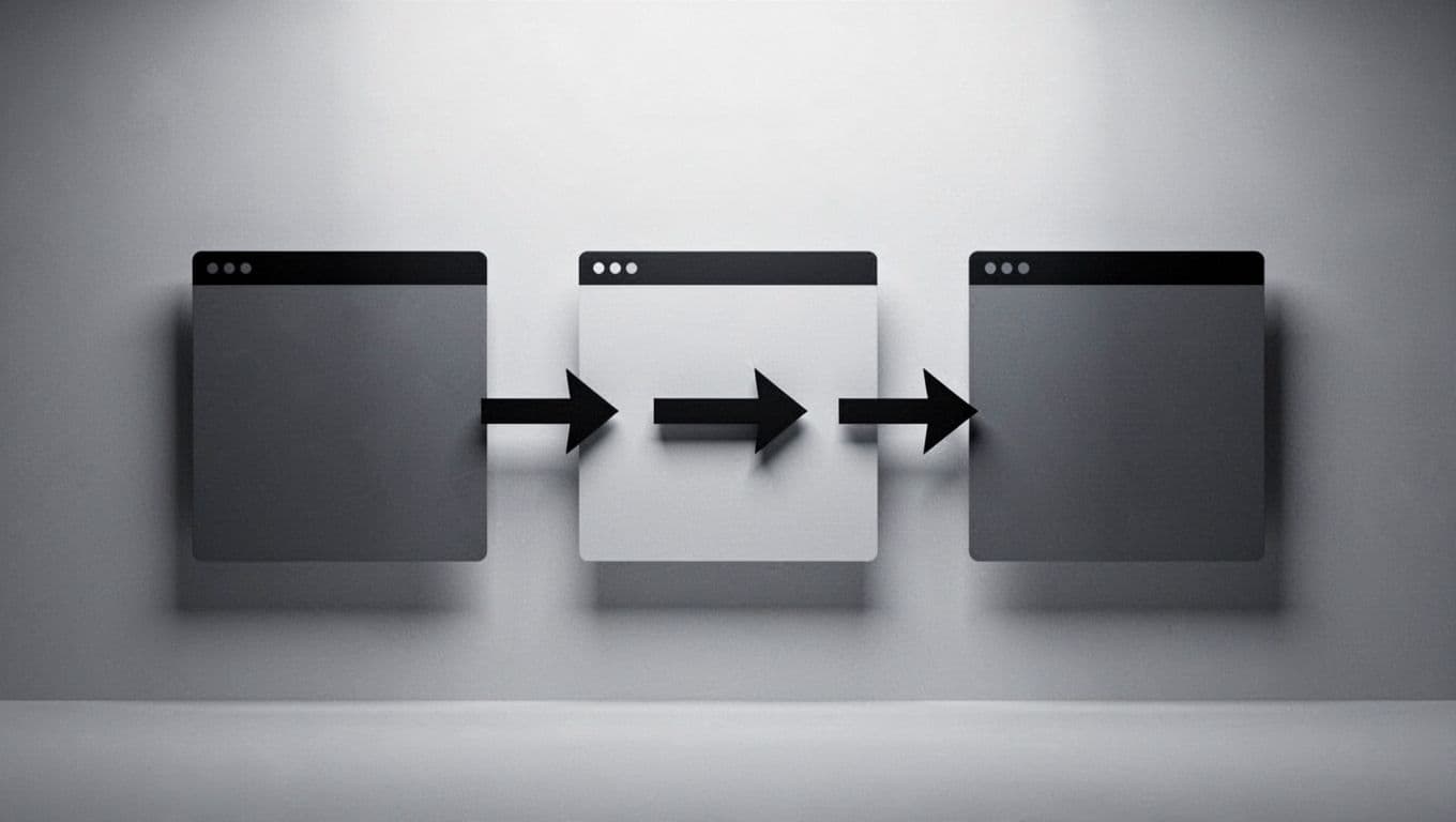 Flowchart shows old URL redirecting to intermediate then final URL with arrows between browser, servers, and pages.