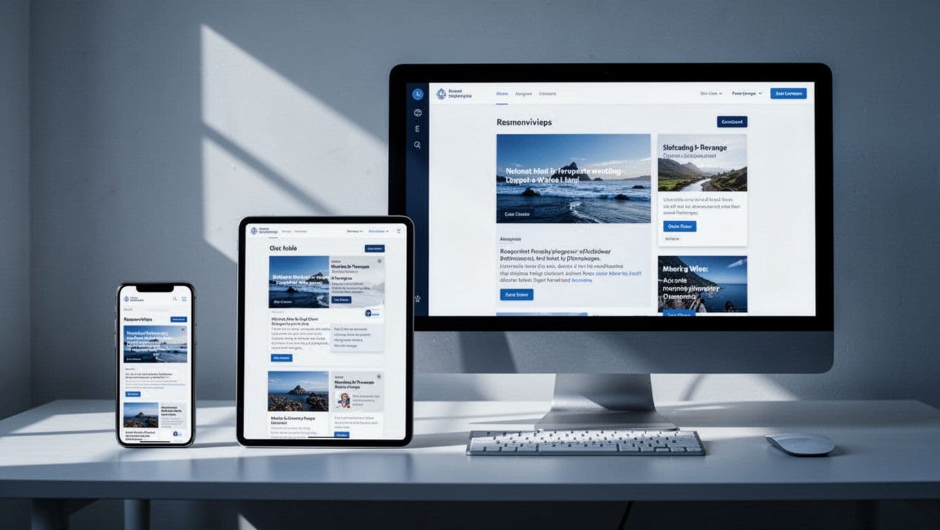 Smartphone, tablet, and desktop computer arranged side by side on a clean desk, displaying the same responsive news website adapting perfectly to each screen size with fluid layouts.