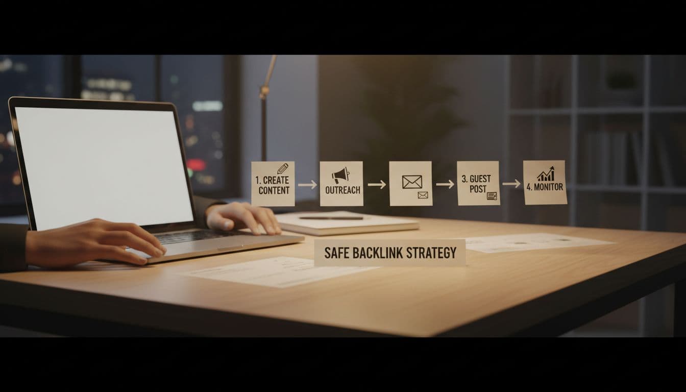Simple flowchart illustration of safe backlink earning steps including create content, outreach, guest post, and monitor, set in a clean office desk environment with paper notes, laptop, and relaxed hands. Cinematic style with strong contrast, depth, and dramatic lighting.