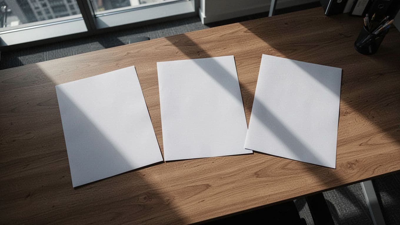 Multiple identical printed web pages scattered on a wooden desk in a modern office, with window light casting long shadows in a top-down cinematic composition focusing on the duplicates.