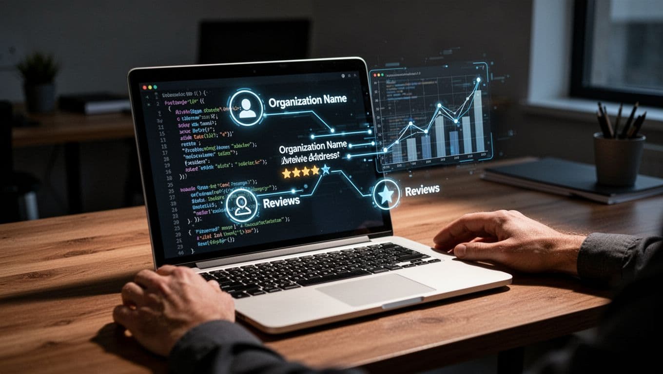 Detailed illustration of a webpage code snippet with schema markup highlighted in glowing lines connecting elements like organization name, address, and reviews to a structured data graph, displayed on a laptop screen in a dim office with cinematic lighting.