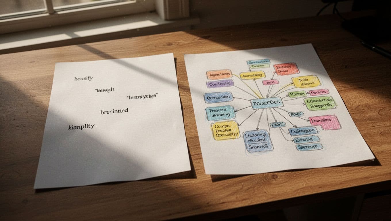 Side-by-side comparison on a wooden desk: left side shows a sparse document with isolated keywords, right side displays a detailed content map with interconnected topics and subtopics, illuminated by warm window light in cinematic style with strong contrast and dramatic depth.