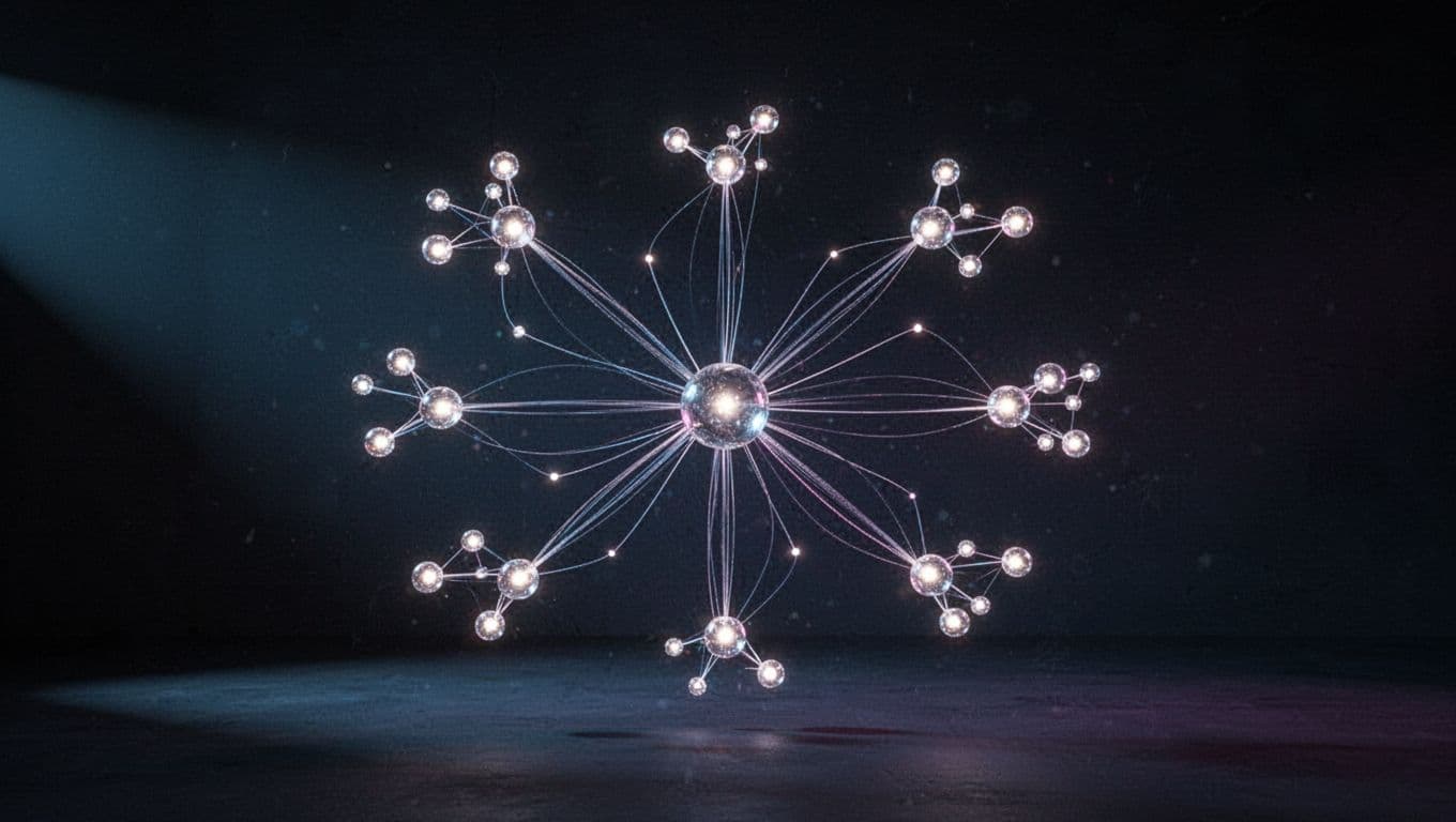 Abstract network of glowing nodes and connecting lines representing semantic relationships between SEO entities and topics, with a central node surrounded by clusters on a dark blue-purple background.