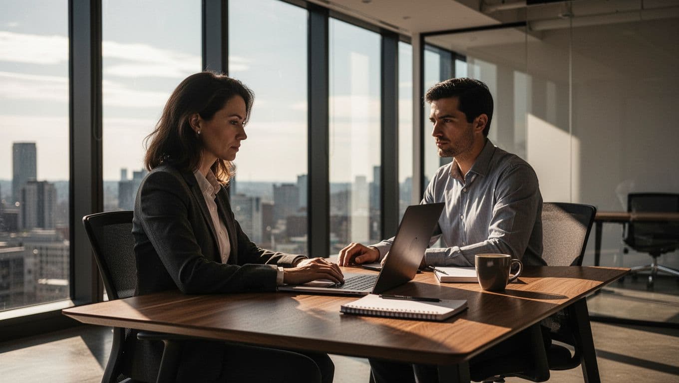 A single SEO specialist at a modern wooden desk in a contemporary office reviews Google Search Console keyword performance graphs on a laptop, with natural daylight, cinematic lighting, coffee mug, and notebook nearby.