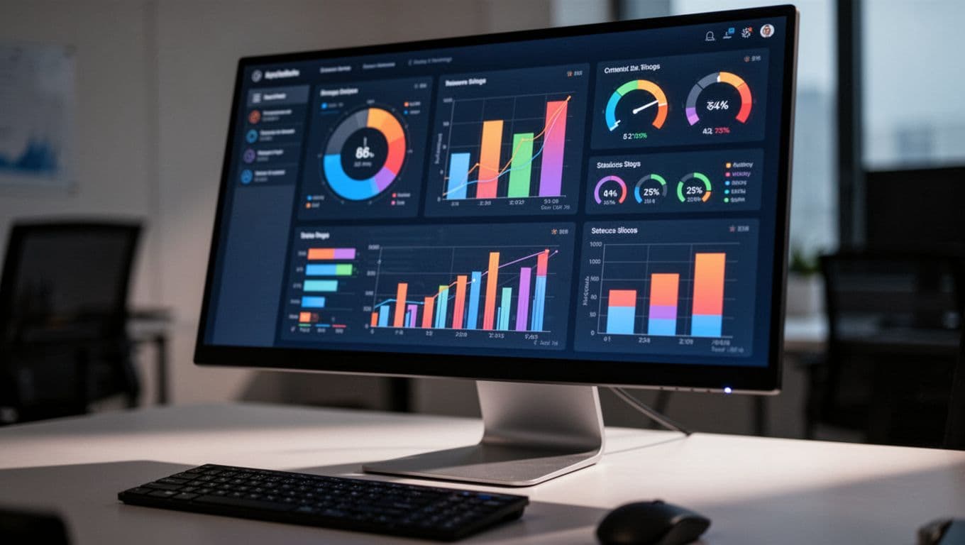 Close-up of computer screen in office showing abstract web analytics charts, bars, and SEO status indicators, with partial keyboard and mouse in foreground.