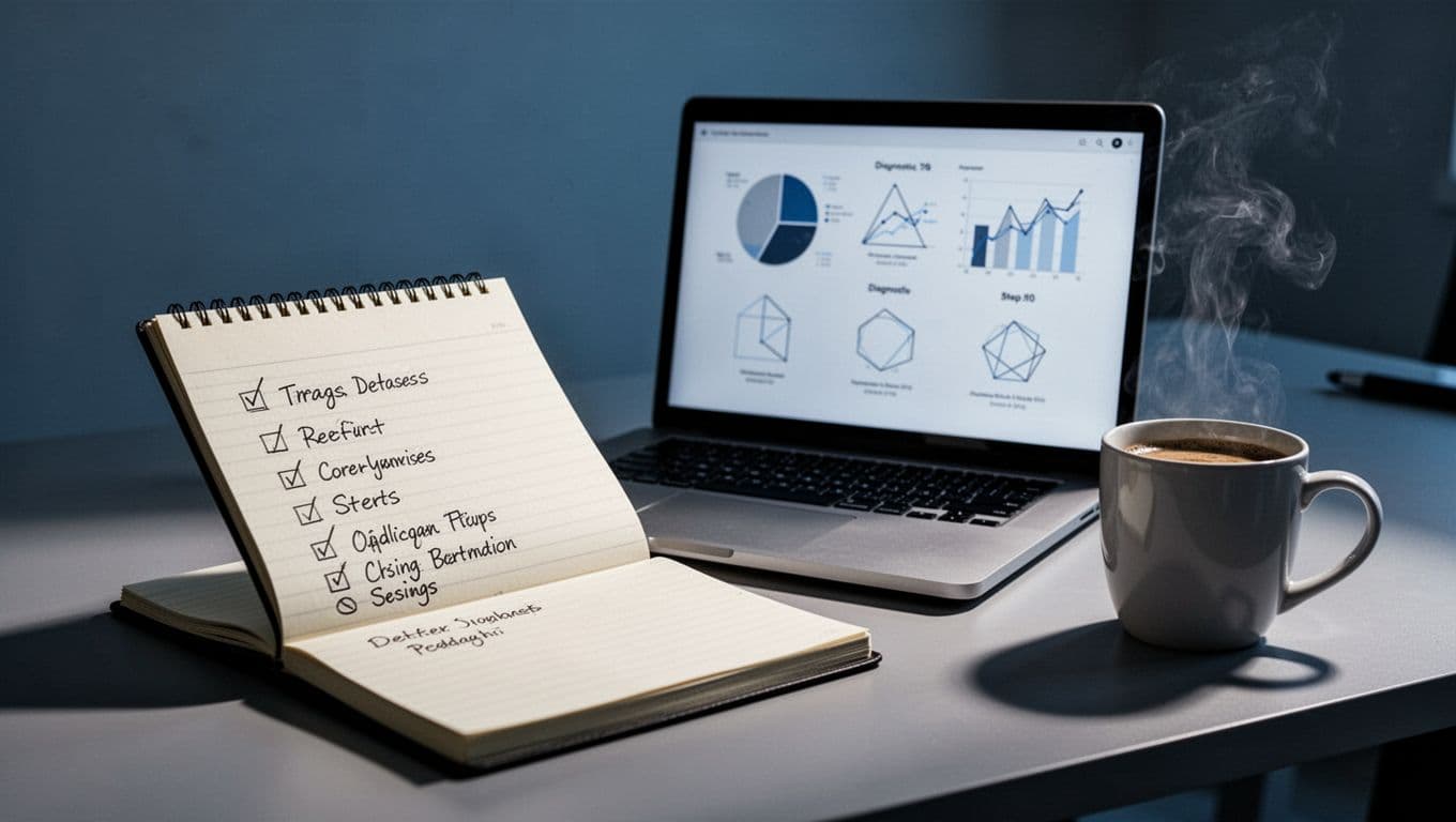 A checklist on a notepad next to a laptop analyzing SEO data with simple diagnosis step icons, on an office desk with coffee mug, cinematic style in cool blues and grays.