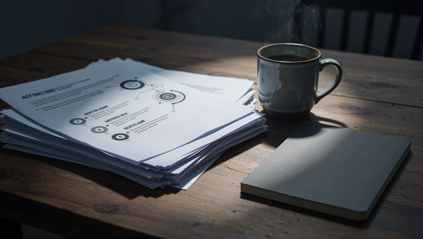 A detailed checklist on SEO topics like update dates and links rests on a wooden table under focused dramatic light, surrounded by a coffee mug and notebook in a cinematic style with strong contrast and muted blue-gray tones.