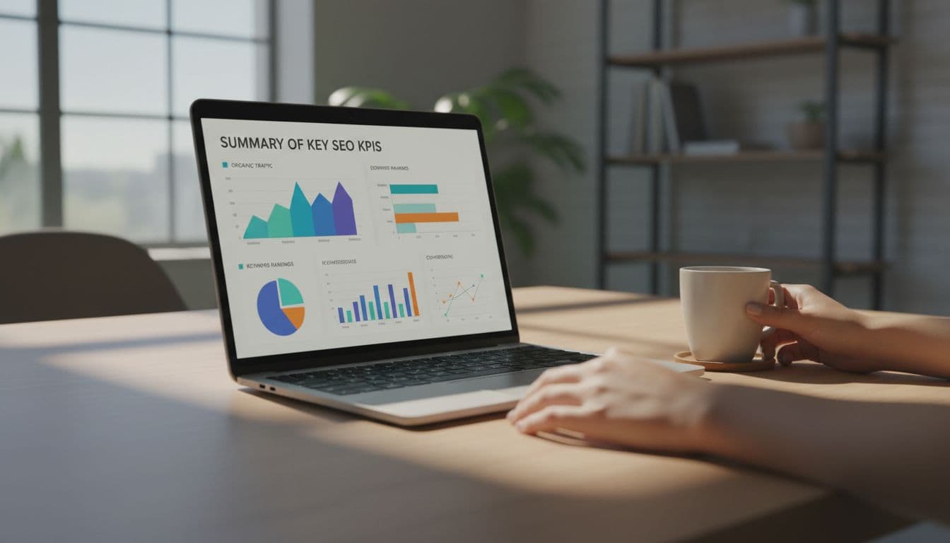 Laptop on modern desk shows colorful charts for traffic, rankings, and conversions; coffee mug nearby, hands resting on desk, soft window light.