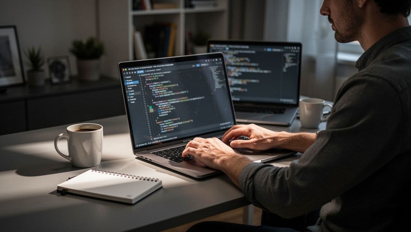A web developer working at a desk with a laptop, illustrating hands-on SEO fixes like canonicals, redirects, and cleanup.