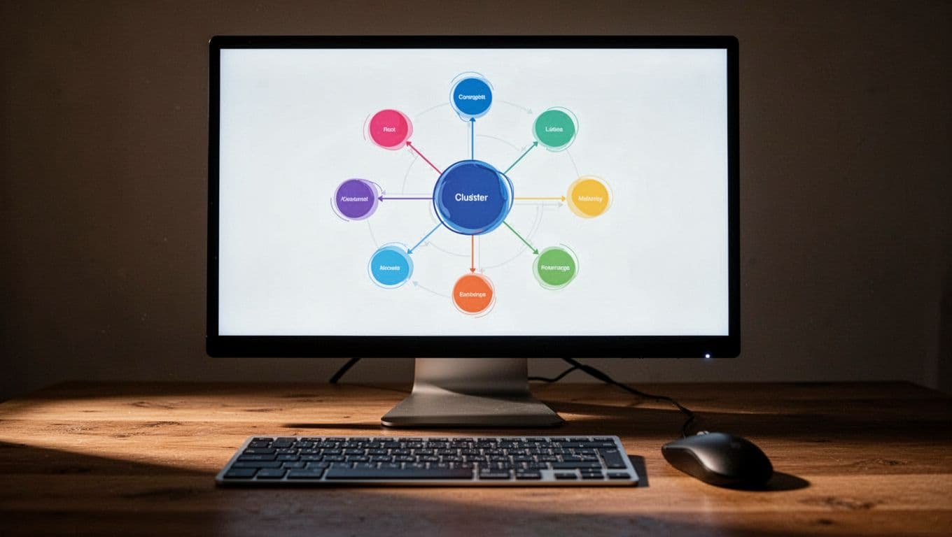 Visual diagram on a computer screen showing keyword clusters mapped to pillar and supporting content pages in an SEO topic cluster model, displayed on a wooden desk with keyboard in foreground.