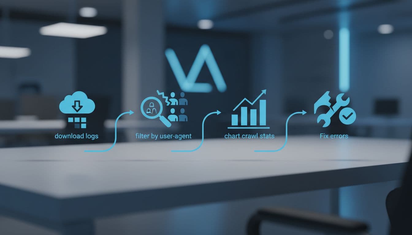 Icons of log download, user-agent filter, crawl stats chart, and error fixes arranged left to right on a clean desk.