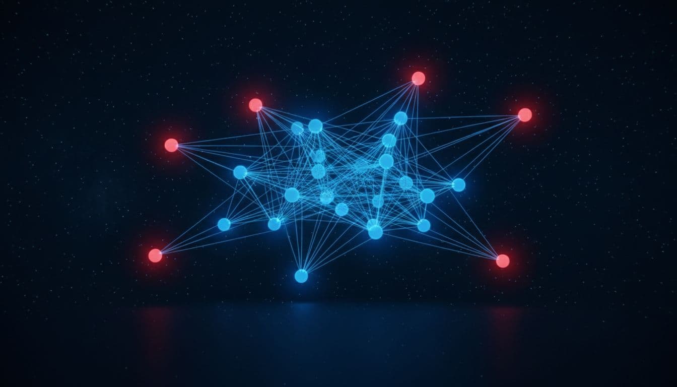Network graph of website pages as glowing blue nodes connected by thin lines for internal links on a dark starry background, with isolated red nodes as orphan pages, cinematic style with dramatic lighting and strong contrast.