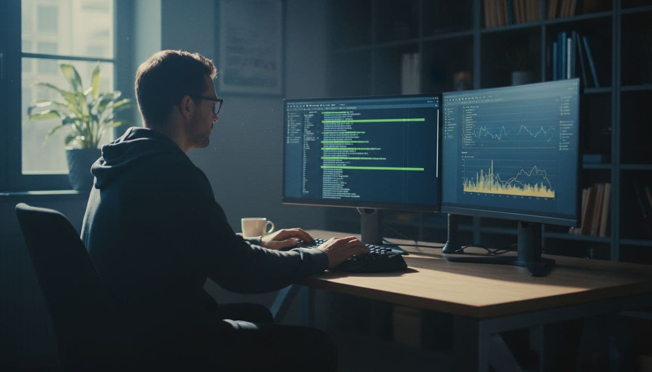 SEO professional at modern desk views blurred server logs on dual monitors in home office.