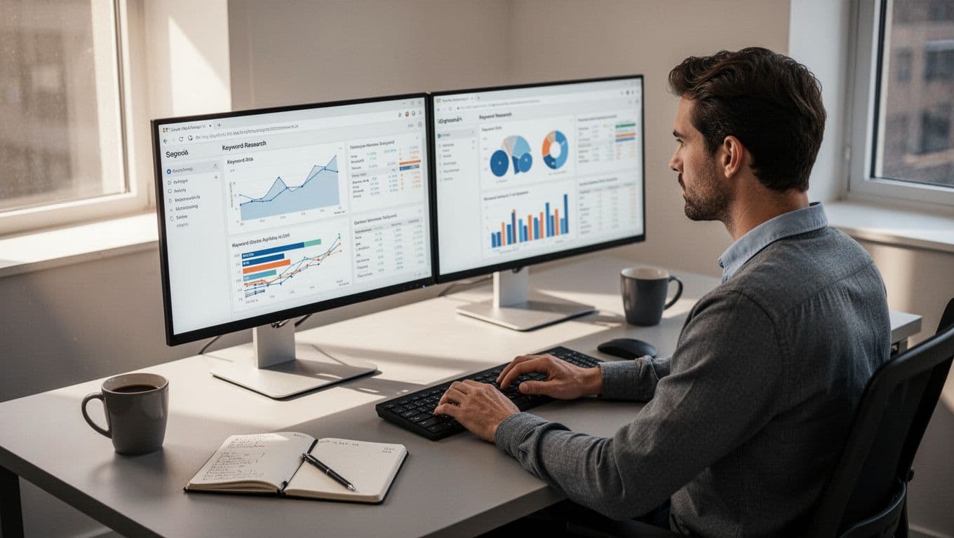 A focused SEO professional sits at a modern desk in a bright office, analyzing keyword research data on dual monitors displaying charts and lists, with a coffee mug and notepad nearby. Side window light adds depth in a cinematic style with strong contrast and dramatic lighting.