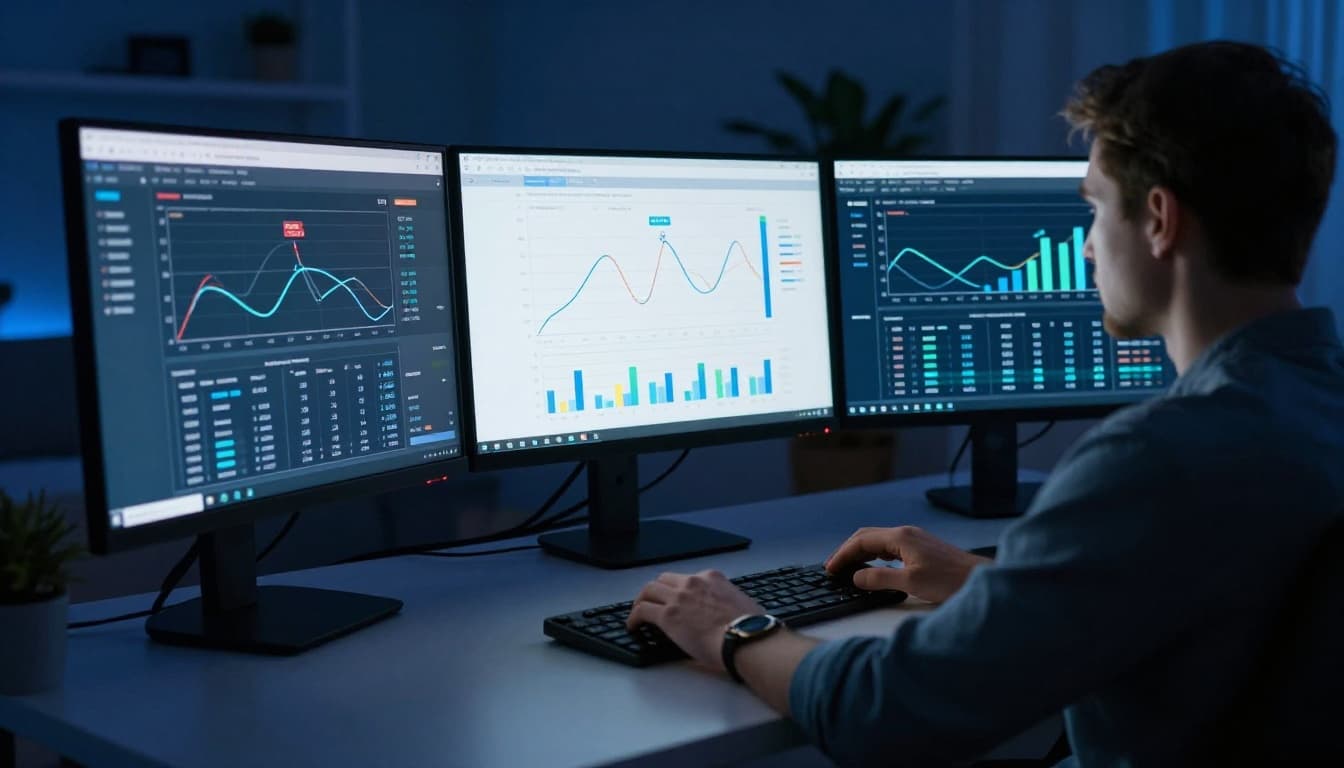 Solo professional in a home office at night, analyzing dual monitors showing SEO analytics graphs for site traffic and rankings before and after migration. Cinematic over-the-shoulder composition with dramatic blue-toned lighting from screens.