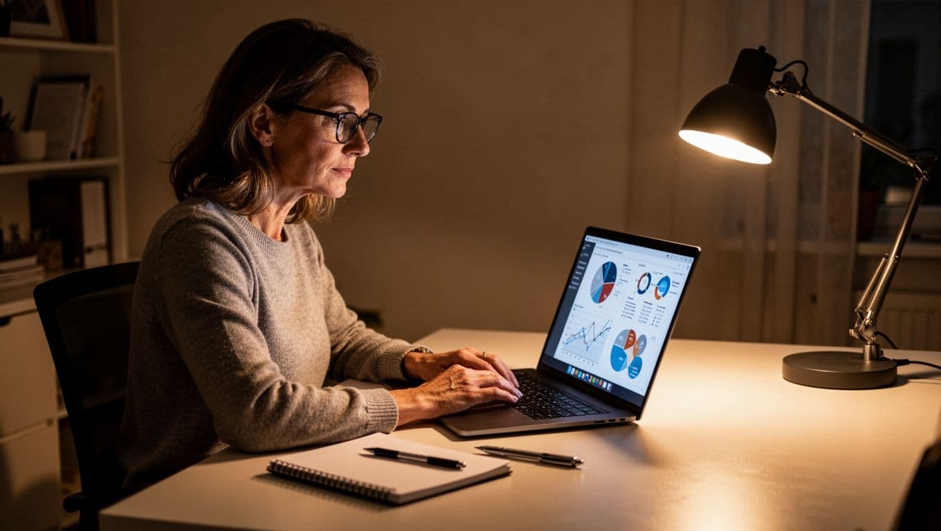 Mid-30s woman with glasses views laptop screen with SEO graphs and icons at home office desk, warm lamp lighting.