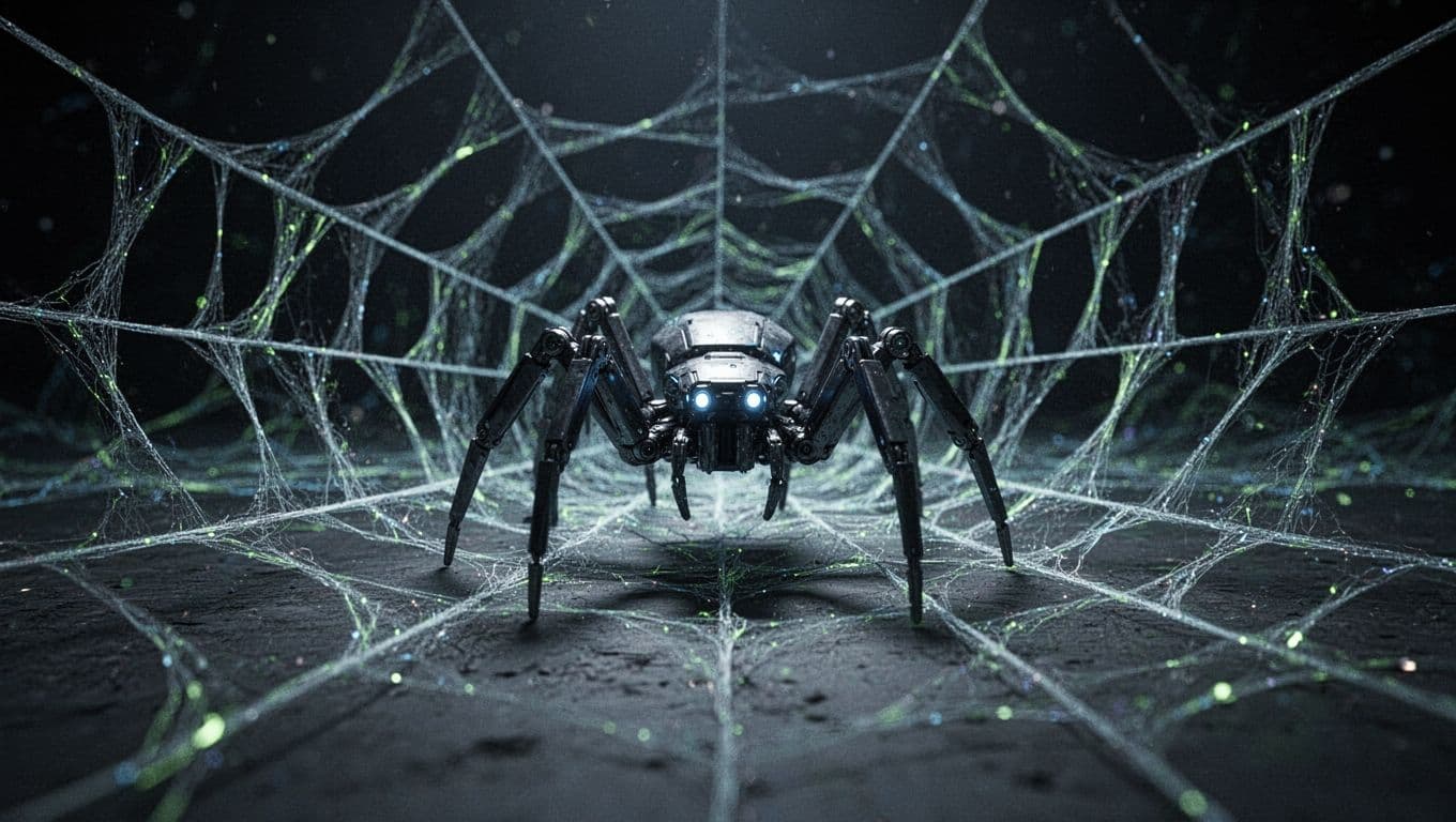 A digital spider bot crawls through a glowing web structure representing a website, navigating links and pages in a vast network with neon blue and green paths on a dark background.