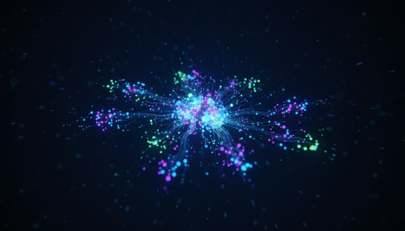 Interconnected glowing nodes represent SEO topics and subtopics forming topical authority, connected by light beams in a dark digital space with cinematic lighting and depth.